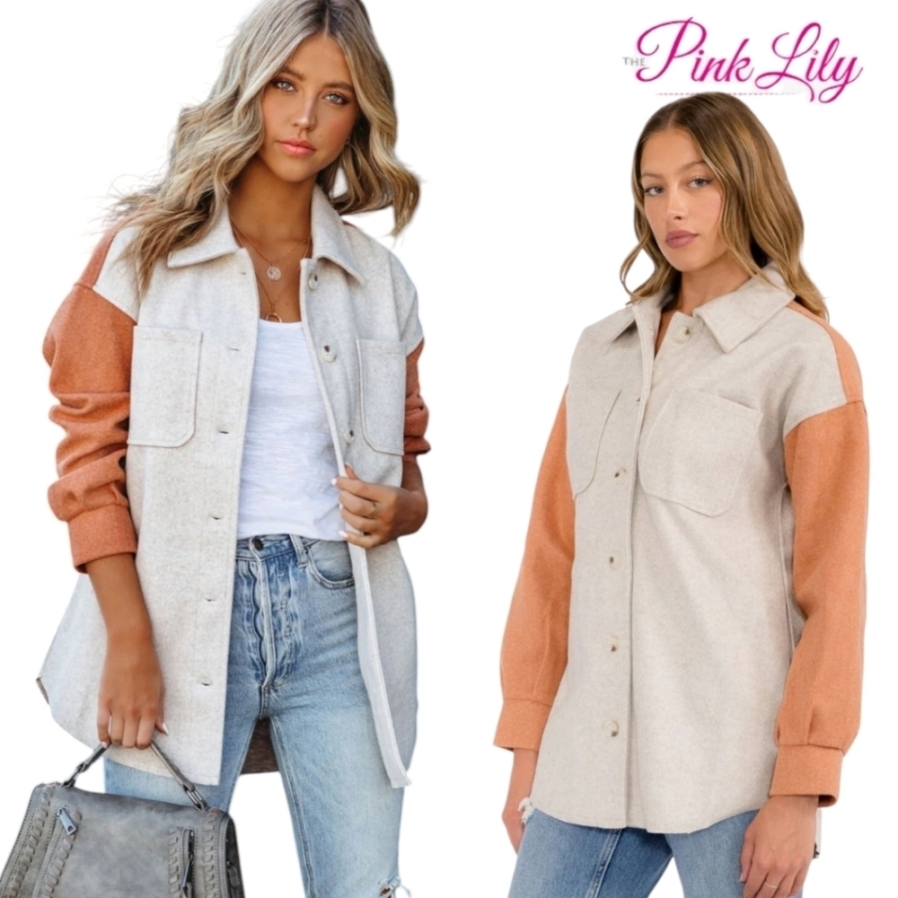 PINK LILY Shacket Pocketed Colorblock Shacket - Taupe/ Rust Size Medium - Picture 4 of 5